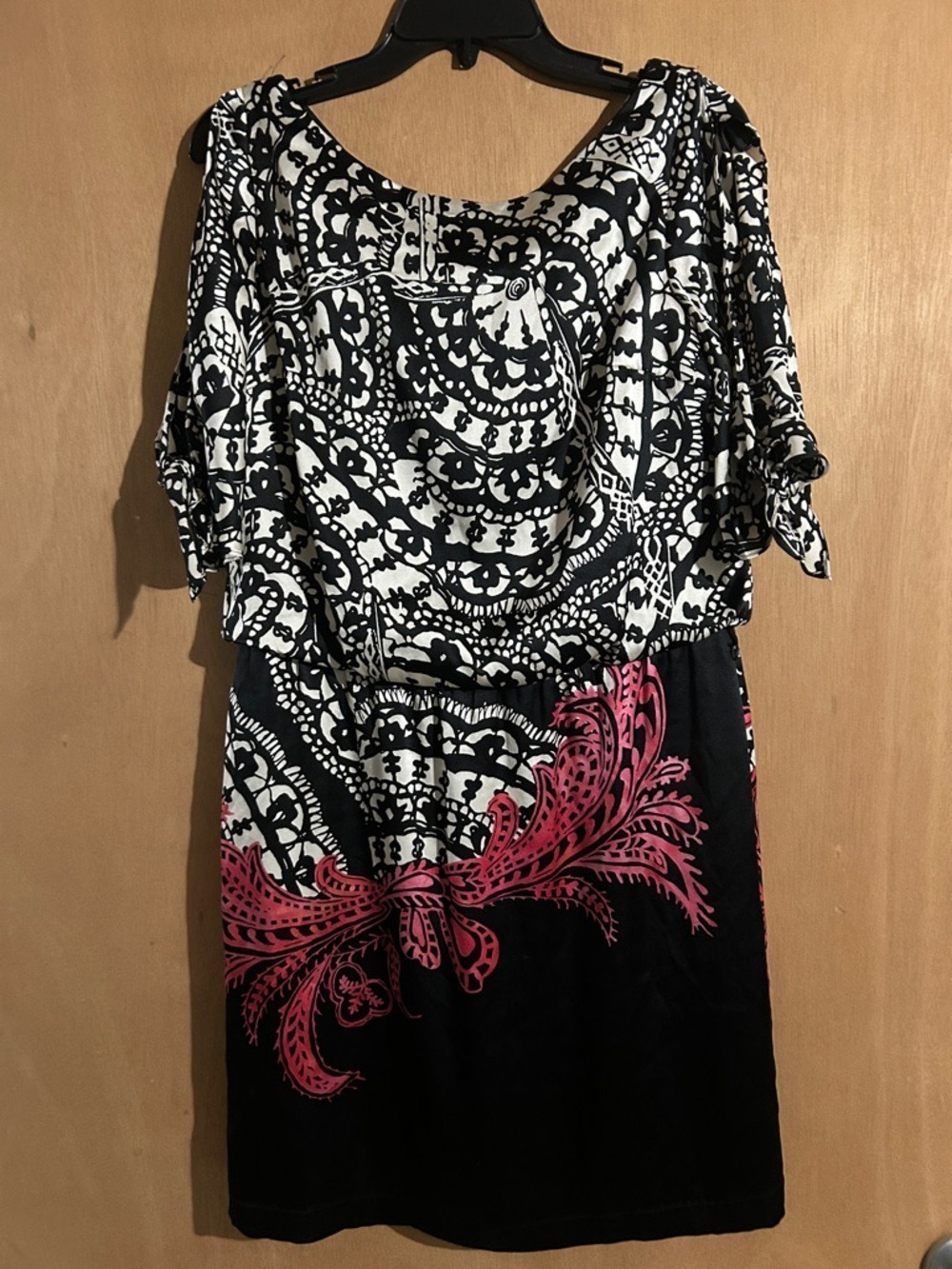 White House Black Market Black & White Patterned Dress with Pink Accent
